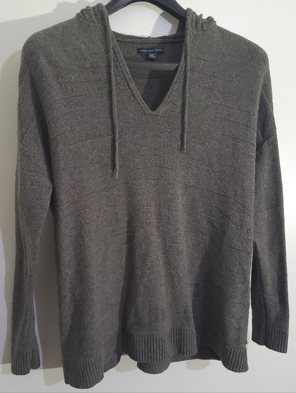 American Eagle V-Neck Hooded Knit Sweater - Soft Earthy Gray/Green Size XS